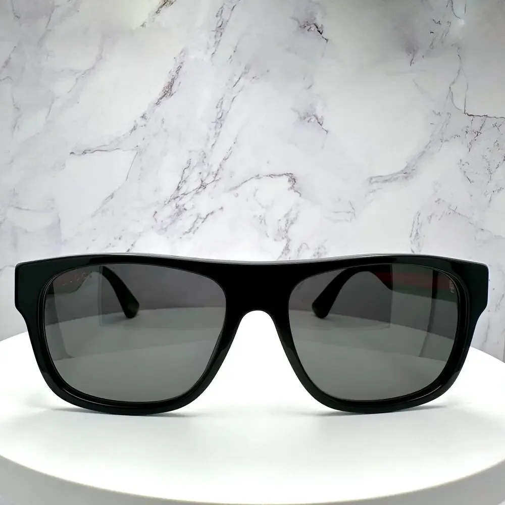 New Gucci Sunglasses Polarized Black Square Red Green Web Arms 56mm Gray Lens